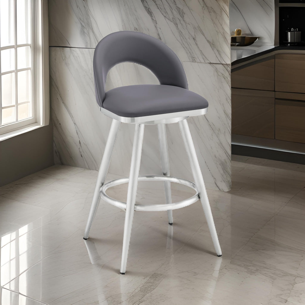 Visy 30 Inch Swivel Barstool Chair Round Open Back Gray Faux Leather By Casagear Home BM313646