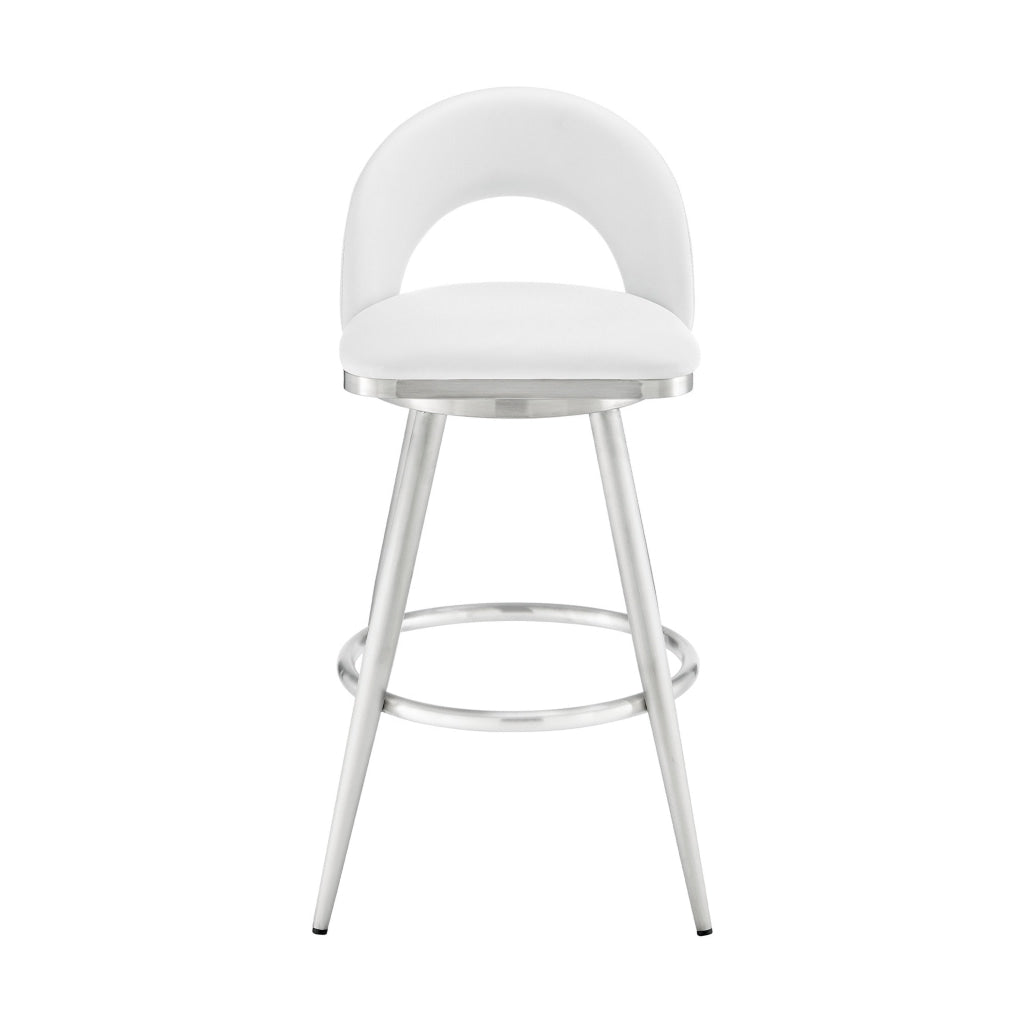 Visy 30 Inch Swivel Barstool Chair Round Open Back White Faux Leather By Casagear Home BM313647