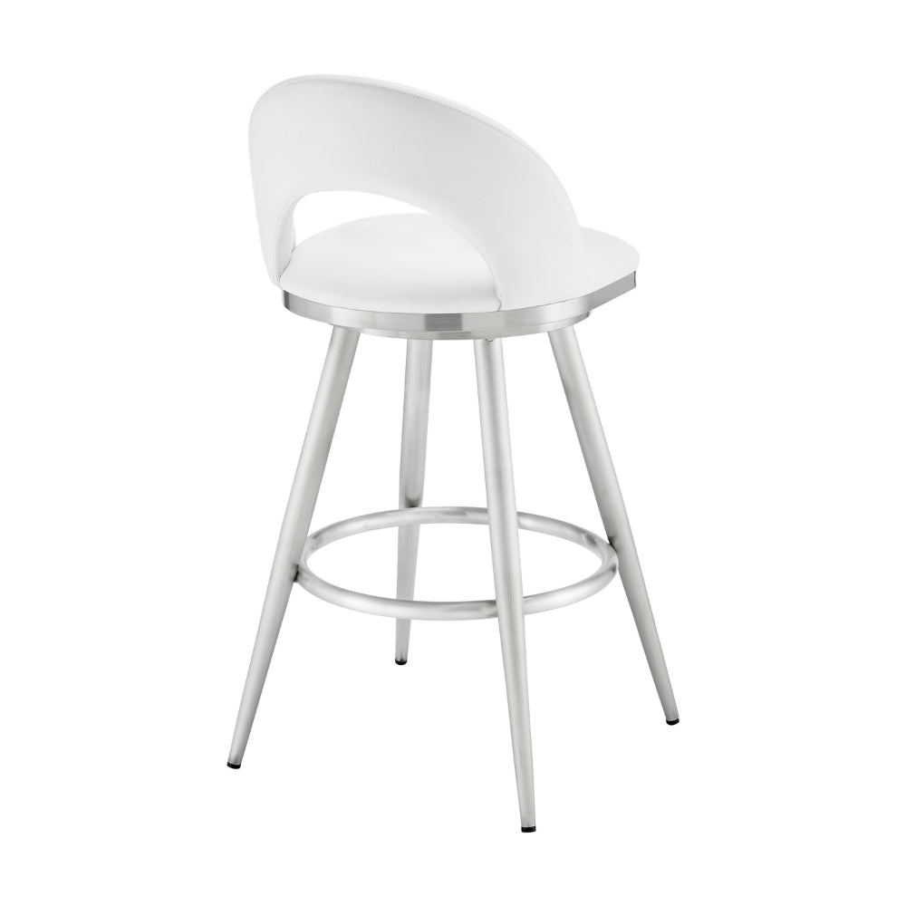 Visy 30 Inch Swivel Barstool Chair, Round Open Back, White Faux Leather By Casagear Home