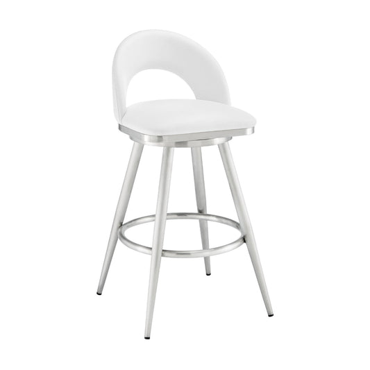 Visy 30 Inch Swivel Barstool Chair, Round Open Back, White Faux Leather By Casagear Home