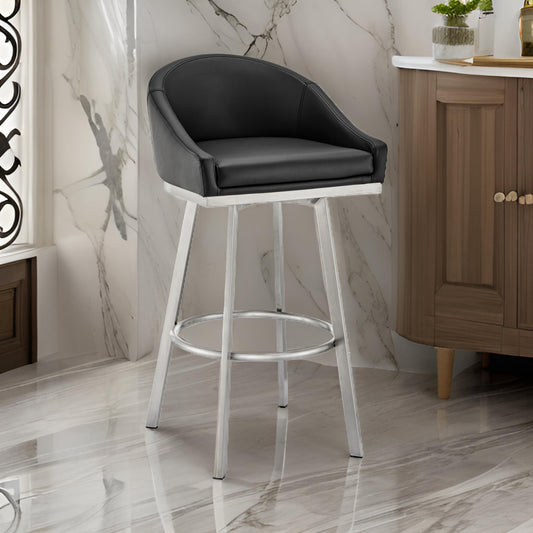 Dalza 30 Inch Swivel Barstool Chair, Open Back, Soft Black Faux Leather By Casagear Home