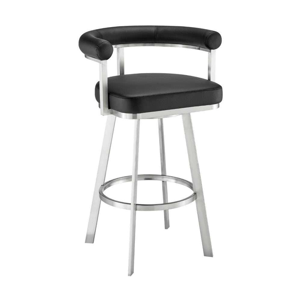 Weni 26 Inch Swivel Counter Stool Chair, Barrel Open Back, Chrome, Black By Casagear Home