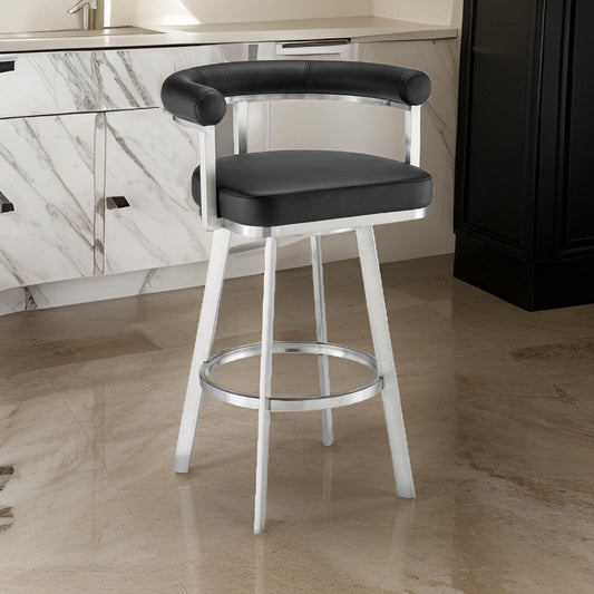 Weni 26 Inch Swivel Counter Stool Chair, Barrel Open Back, Chrome, Black By Casagear Home