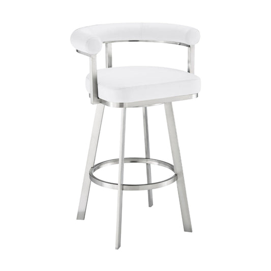 Weni 30 Inch Swivel Barstool Chair, Barrel Open Back, White, Steel Frame By Casagear Home