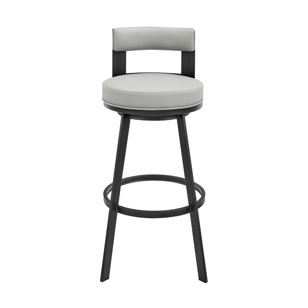 Ami 30 Inch Swivel Barstool Chair, Gray Faux Leather, Black Iron Frame By Casagear Home