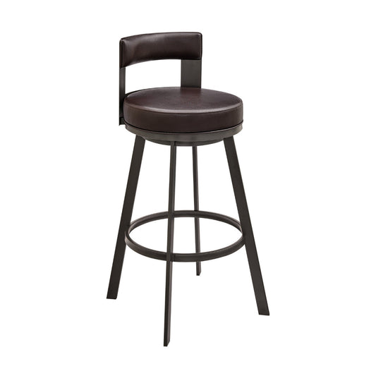Ami 30 Inch Swivel Barstool Chair, Curved Open Back Brown Faux Leather By Casagear Home