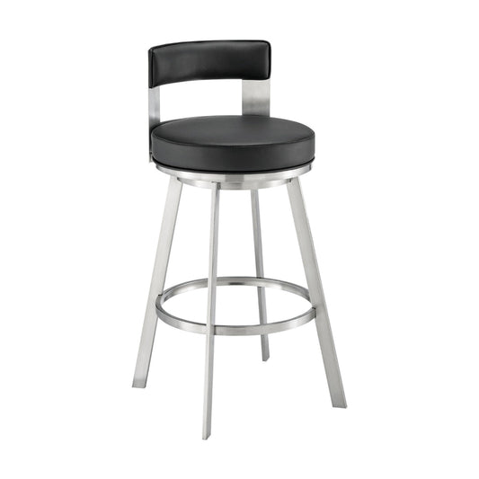 Ami 30 Inch Swivel Barstool Chair, Black Faux Leather, Stainless Steel By Casagear Home