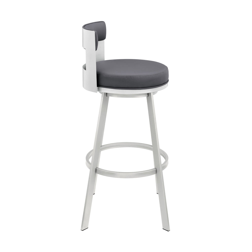 Ami 30 Inch Swivel Barstool Chair Gray Faux Leather Open Back Silver Base By Casagear Home BM313674