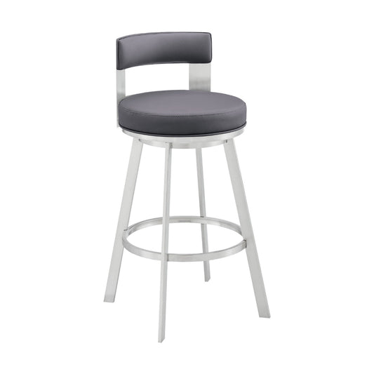 Ami 30 Inch Swivel Barstool Chair, Gray Faux Leather Open Back, Silver Base By Casagear Home