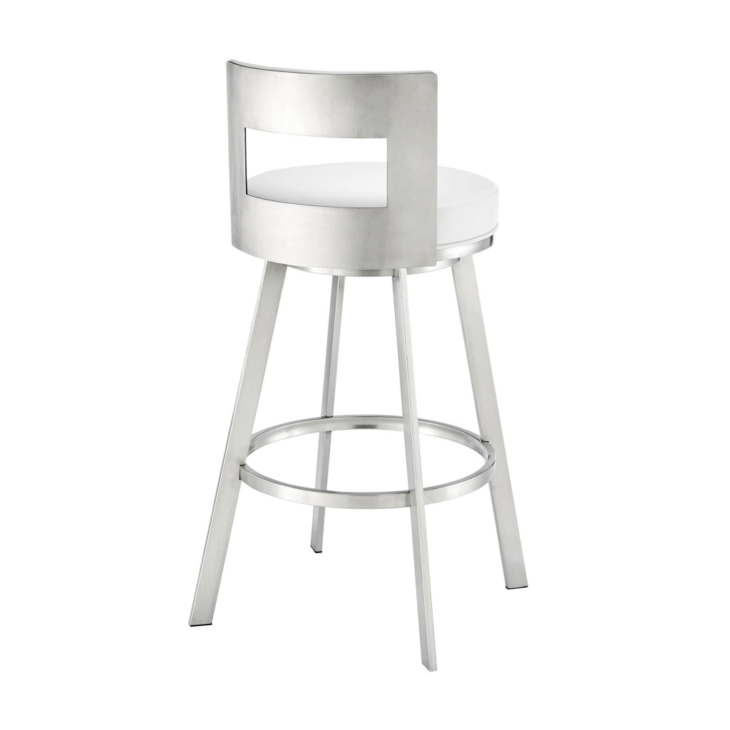 Ami 30 Inch Swivel Barstool Chair White Faux Leather Stainless Steel By Casagear Home BM313675