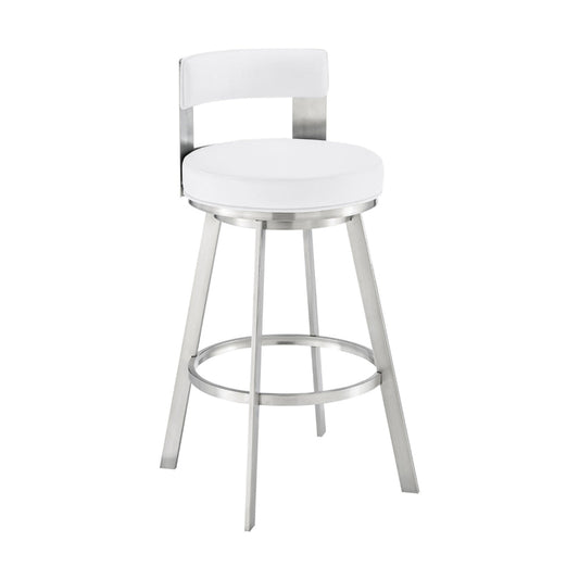 Ami 30 Inch Swivel Barstool Chair, White Faux Leather, Stainless Steel By Casagear Home