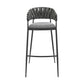 Mimy 30 Inch Barstool Chair, Gray Faux Leather Strap Back, Black Iron By Casagear Home