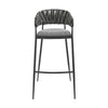 Mimy 30 Inch Barstool Chair, Gray Faux Leather Strap Back, Black Iron By Casagear Home