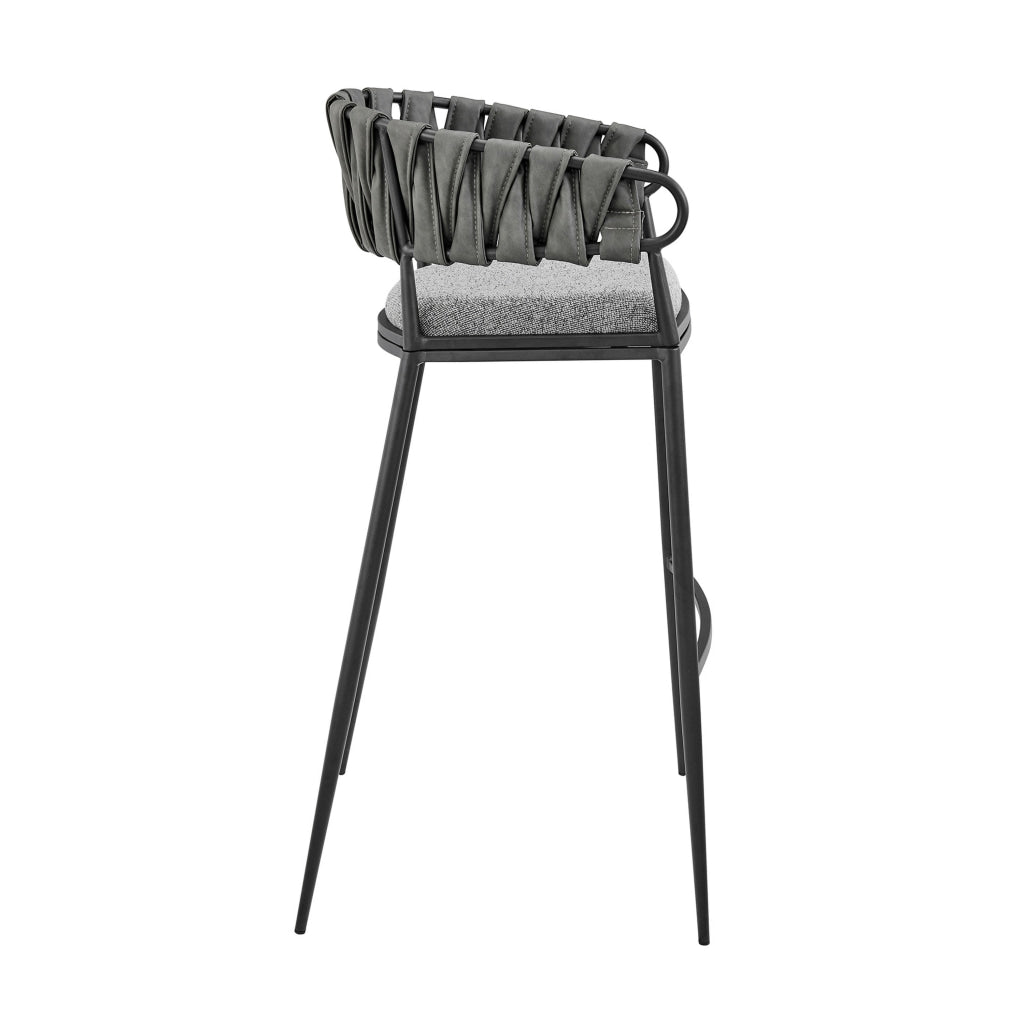 Mimy 30 Inch Barstool Chair Gray Faux Leather Strap Back Black Iron By Casagear Home BM313676