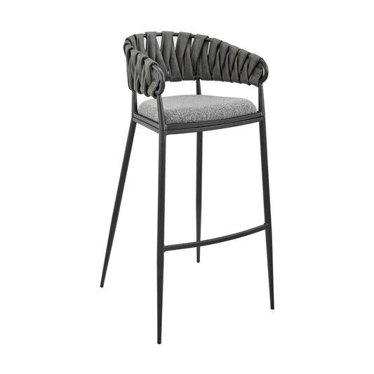 Mimy 30 Inch Barstool Chair, Gray Faux Leather Strap Back, Black Iron By Casagear Home