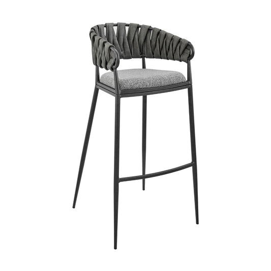 Mimy 26 Inch Counter Stool Chair, Gray Faux Leather Strap Back, Black Iron By Casagear Home