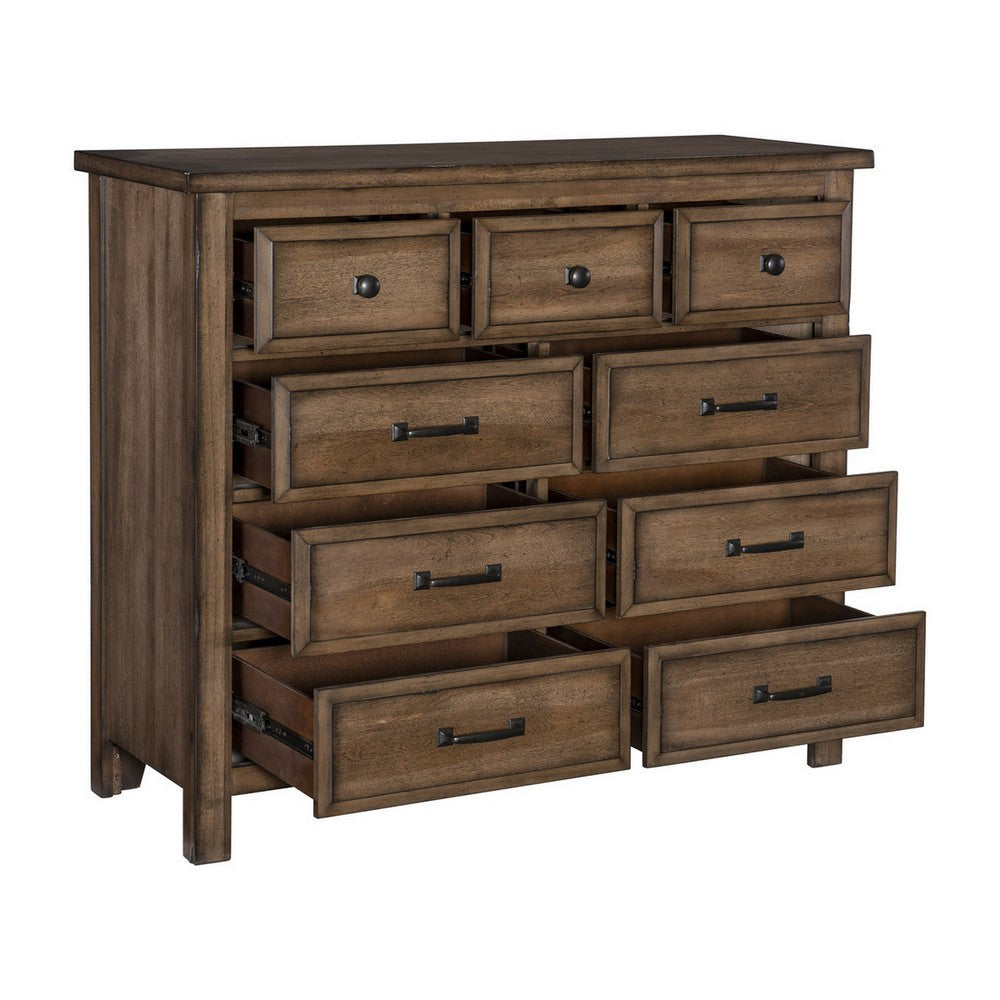 Reva 50 Inch Dresser 9 Drawers Black Metal Light Brown Solid Wood By Casagear Home BM314218