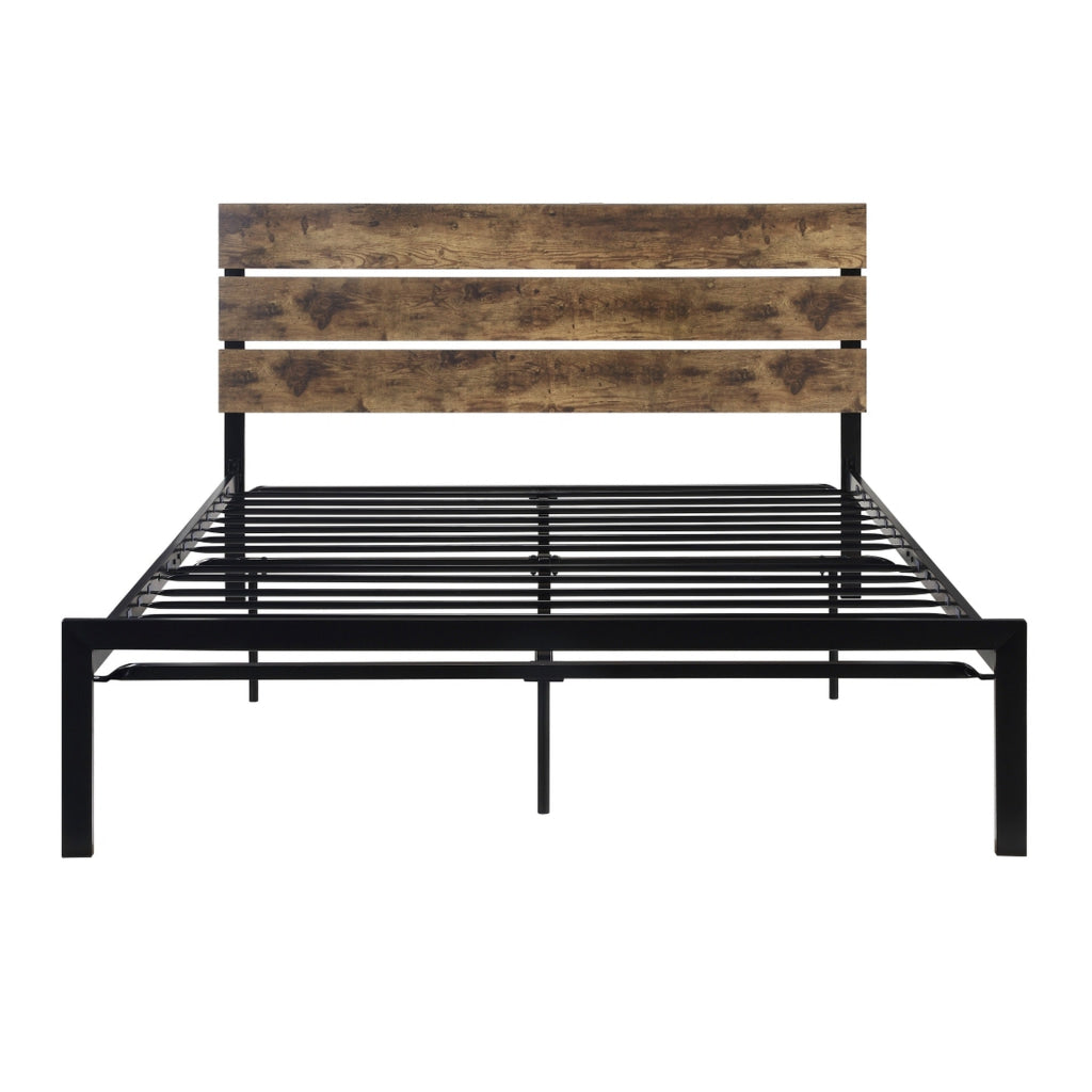 Mars Queen Platform Bed Brown Faux Wood Slat Headboard Black Metal Frame By Casagear Home BM314220