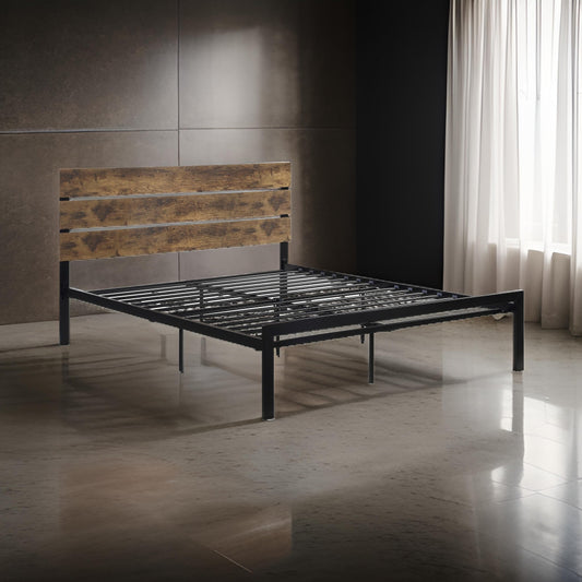 Mars Queen Platform Bed Brown Faux Wood Slat Headboard Black Metal Frame By Casagear Home BM314220