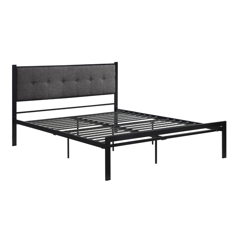 Sam Queen Platform Bed, Polyester Upholstered Tufted Headboard, Black Metal By Casagear Home