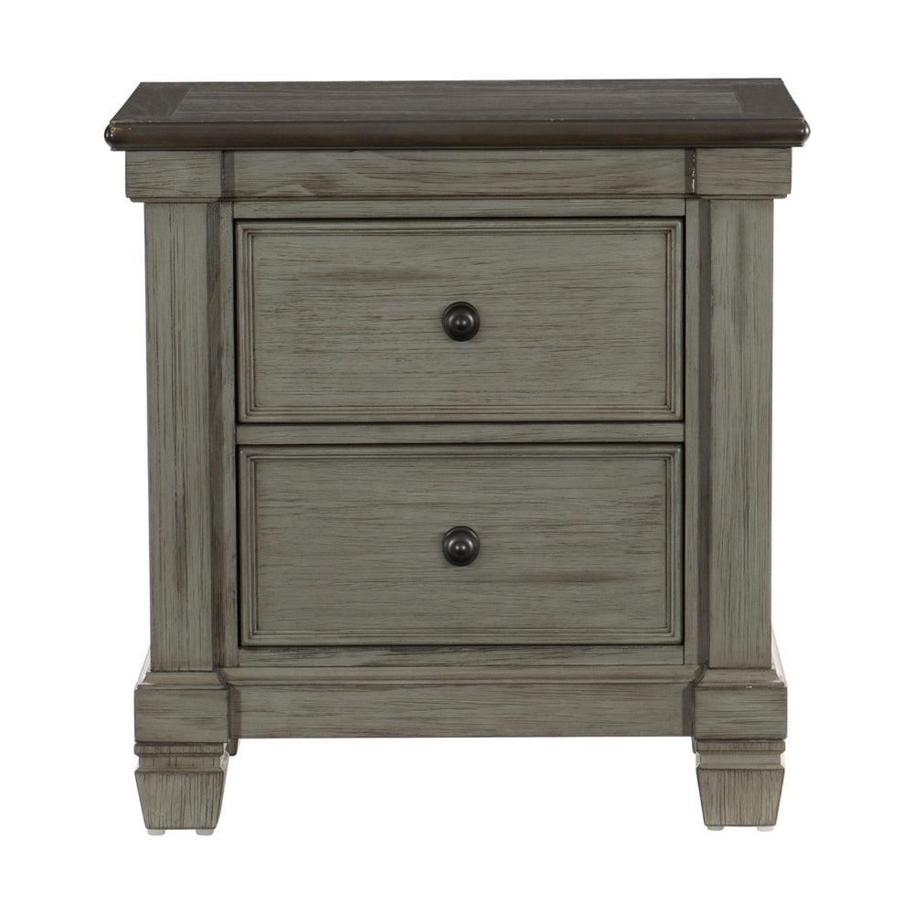 Cadie 29 Inch Nightstand, 2 Drawers, Coffee Brown, Antique Gray Wood By Casagear Home