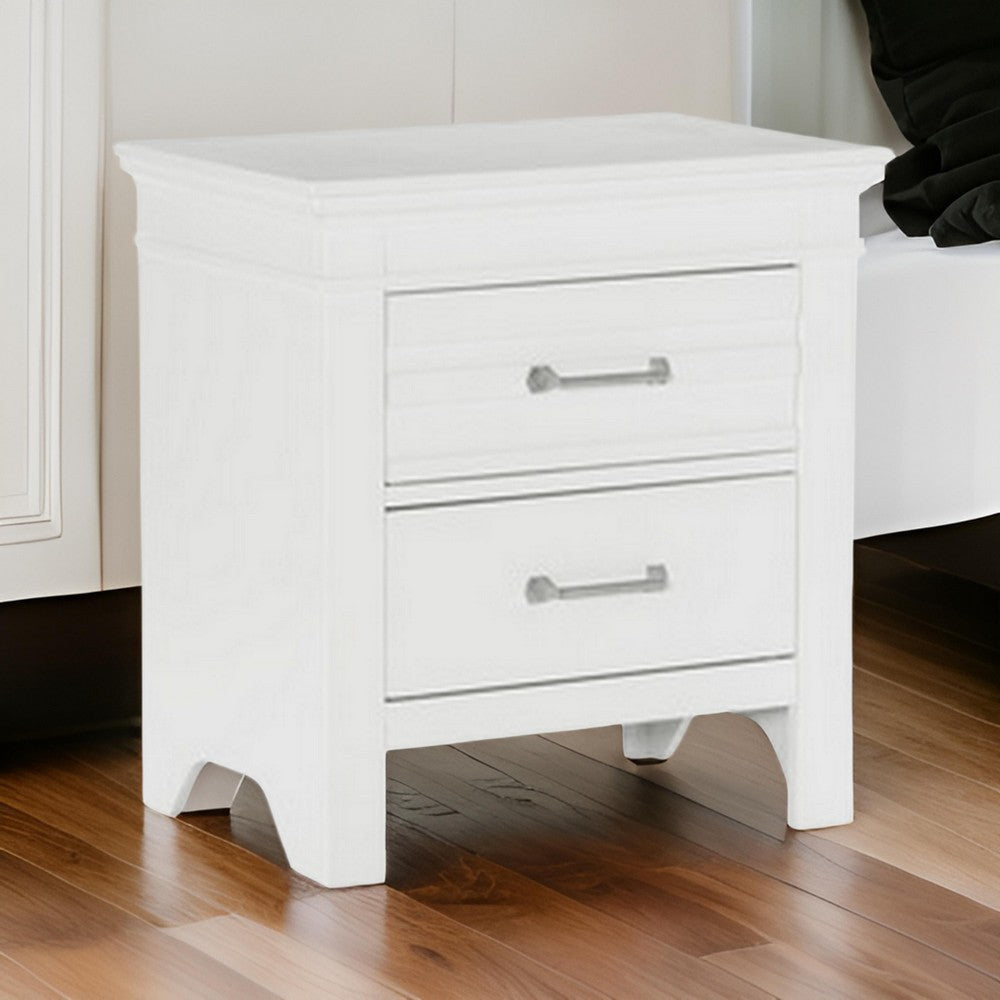 Candy 25 Inch Nightstand, 2 Drawers, Nickel Bar Handles, White Solid Wood By Casagear Home