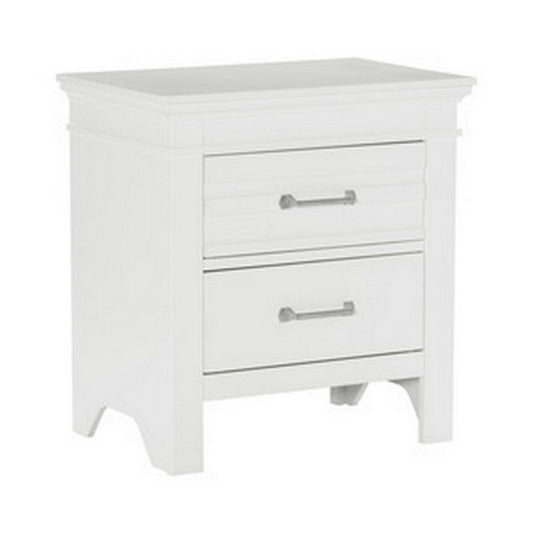 Candy 25 Inch Nightstand, 2 Drawers, Nickel Bar Handles, White Solid Wood By Casagear Home