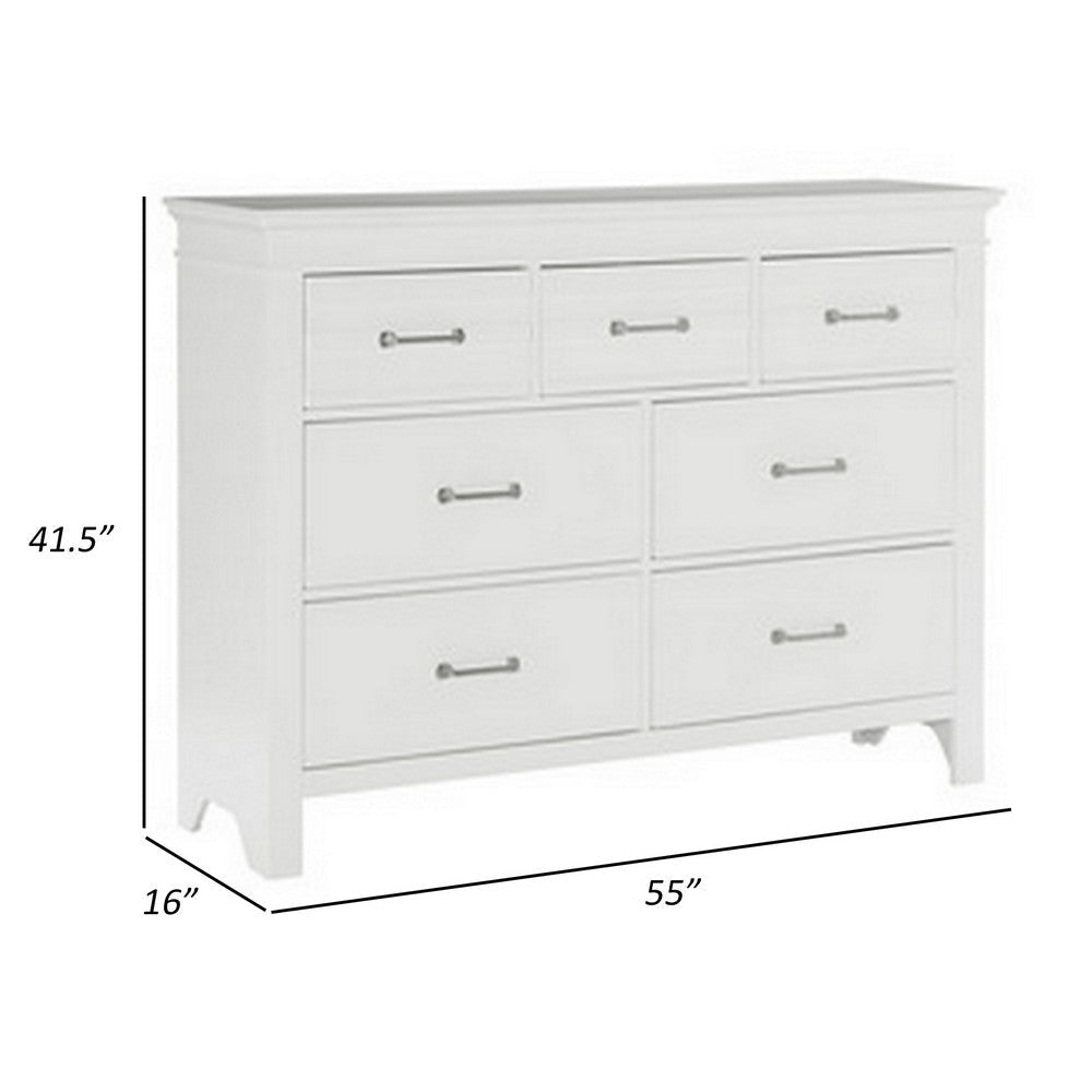 Candy 55 Inch Dresser 7 Drawers Nickel Bar Handles White Solid Wood By Casagear Home BM314232