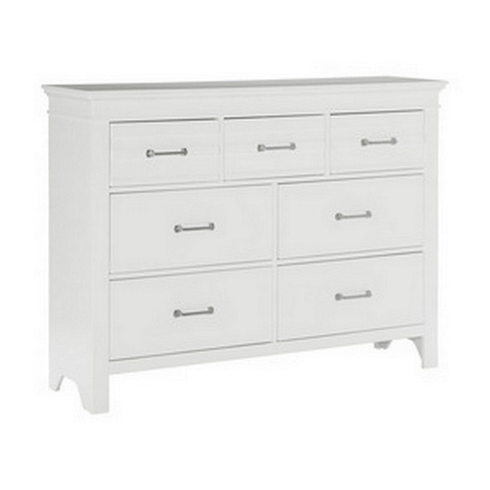 Candy 55 Inch Dresser, 7 Drawers, Nickel Bar Handles, White Solid Wood By Casagear Home