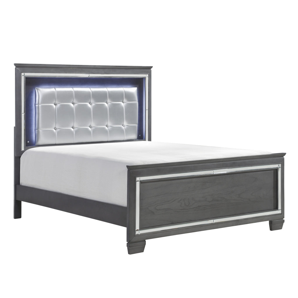 Lura Full Size Bed with LED Headboard, Mirror Frame, Gray Faux Leather By Casagear Home