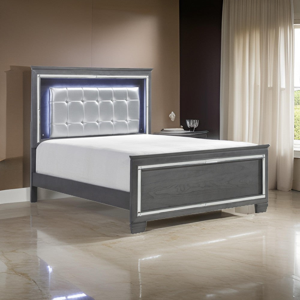 Lura Full Size Bed with LED Headboard, Mirror Frame, Gray Faux Leather By Casagear Home