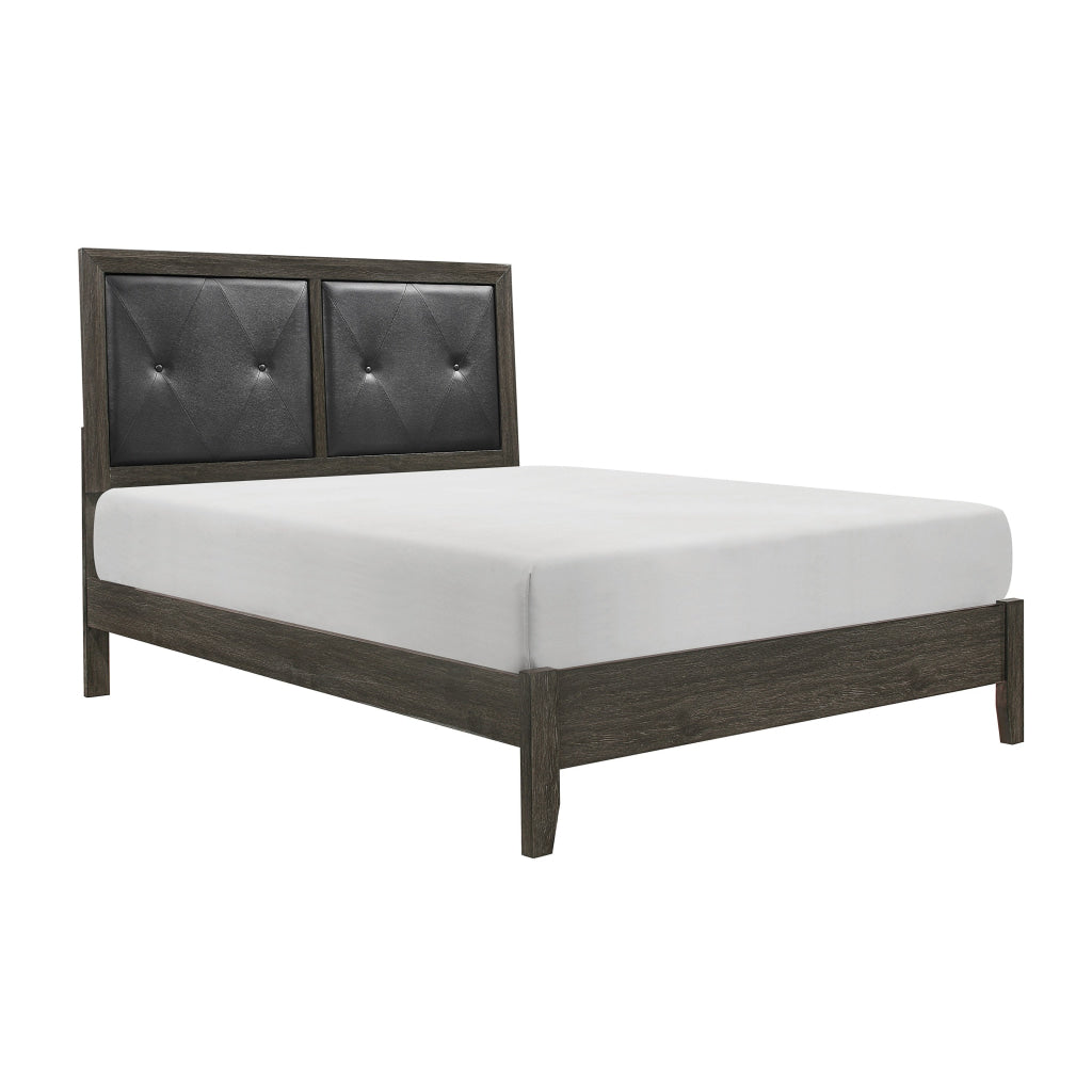 Din Full Size Bed Button Tufted Faux Leather Upholstery Gray Wood Veneer By Casagear Home BM314237