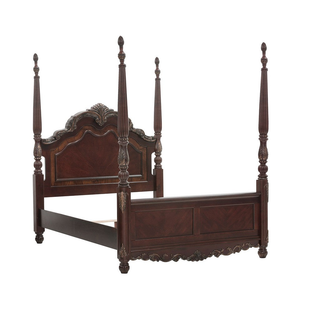 Park Queen Size Poster Bed with Shell Motifs and Burl Inlays, Brown Veneer By Casagear Home