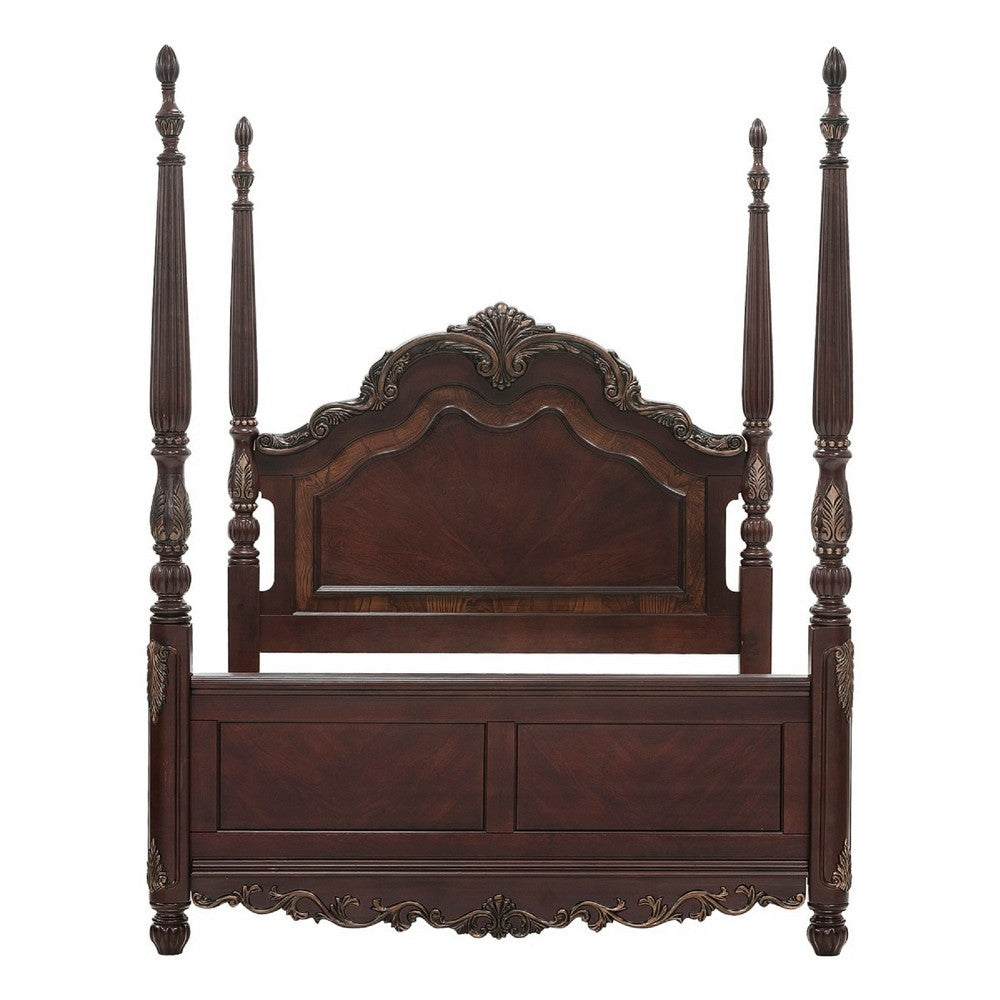 Park Queen Size Poster Bed with Shell Motifs and Burl Inlays, Brown Veneer By Casagear Home