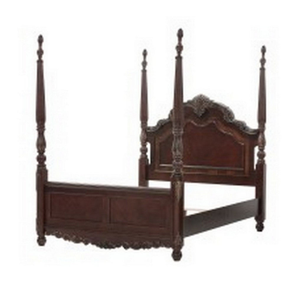 Park Queen Size Poster Bed with Shell Motifs and Burl Inlays Brown Veneer By Casagear Home BM314242