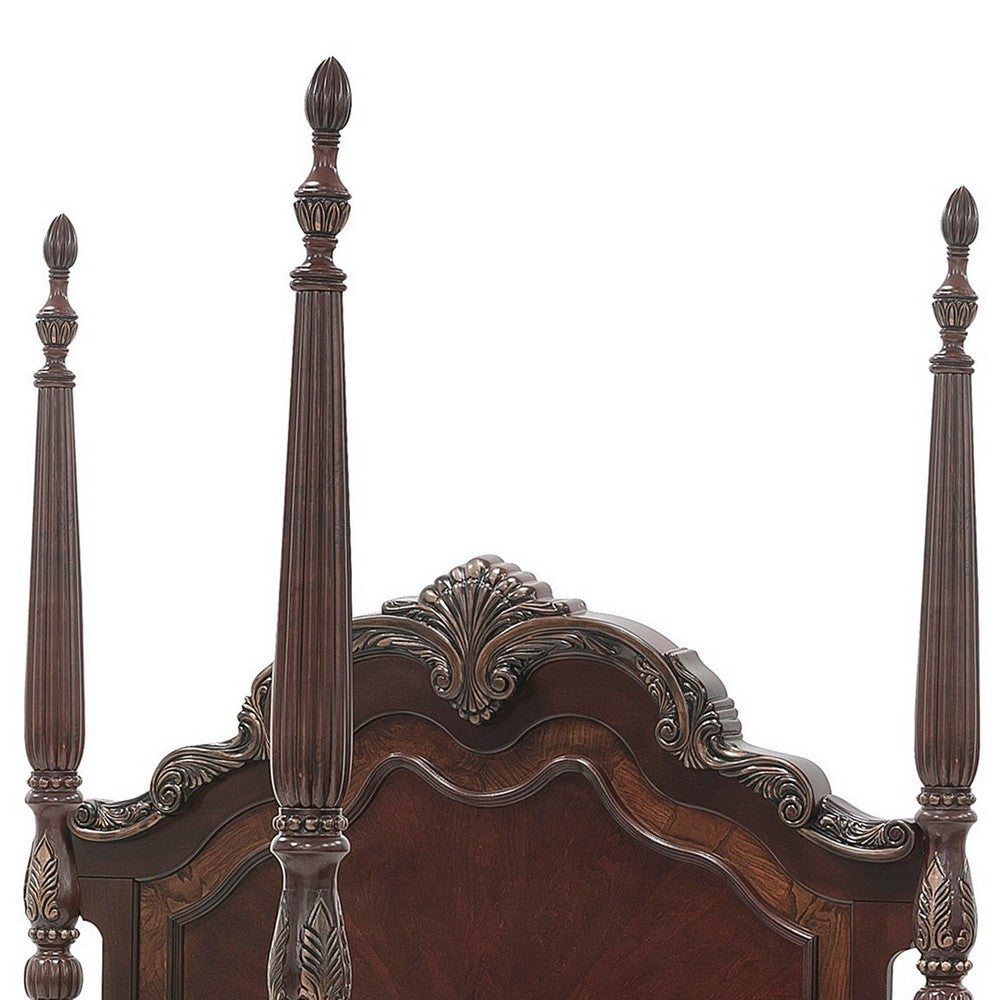 Park Queen Size Poster Bed with Shell Motifs and Burl Inlays, Brown Veneer By Casagear Home