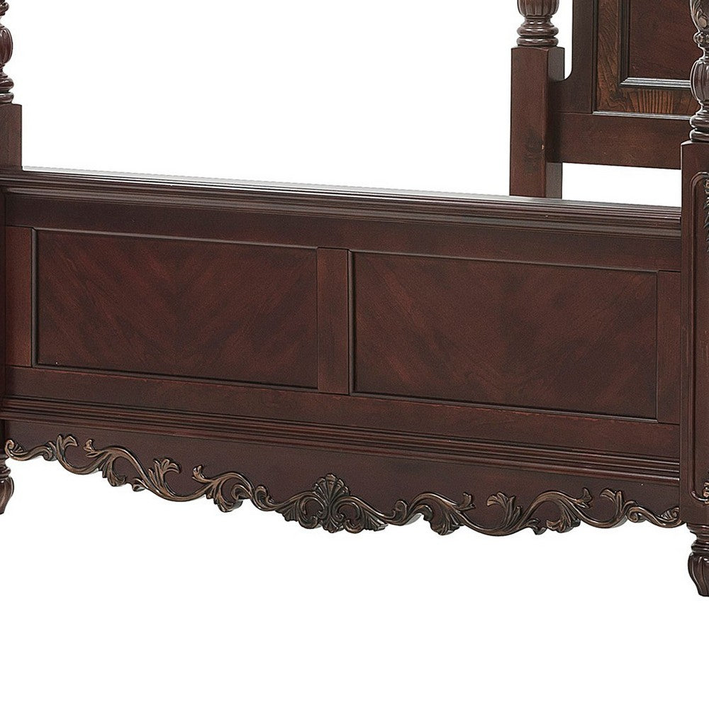Park Queen Size Poster Bed with Shell Motifs and Burl Inlays, Brown Veneer By Casagear Home