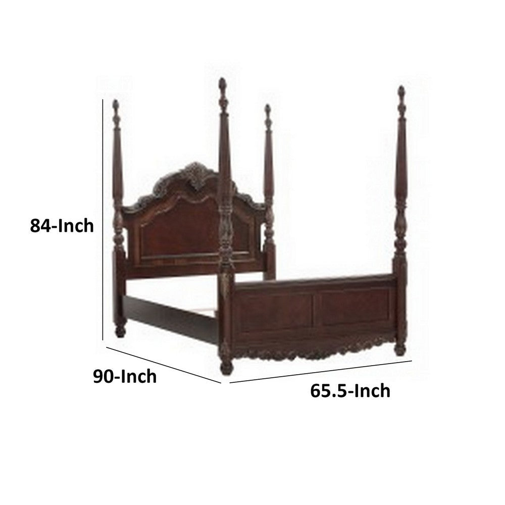 Park Queen Size Poster Bed with Shell Motifs and Burl Inlays Brown Veneer By Casagear Home BM314242