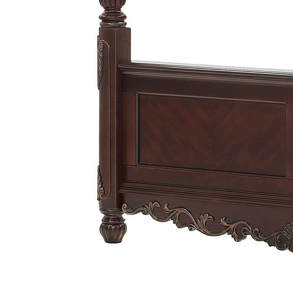 Park Queen Size Poster Bed with Shell Motifs and Burl Inlays, Brown Veneer By Casagear Home