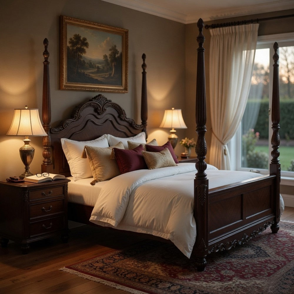 Park Queen Size Poster Bed with Shell Motifs and Burl Inlays, Brown Veneer By Casagear Home