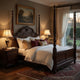 Park Queen Size Poster Bed with Shell Motifs and Burl Inlays, Brown Veneer By Casagear Home