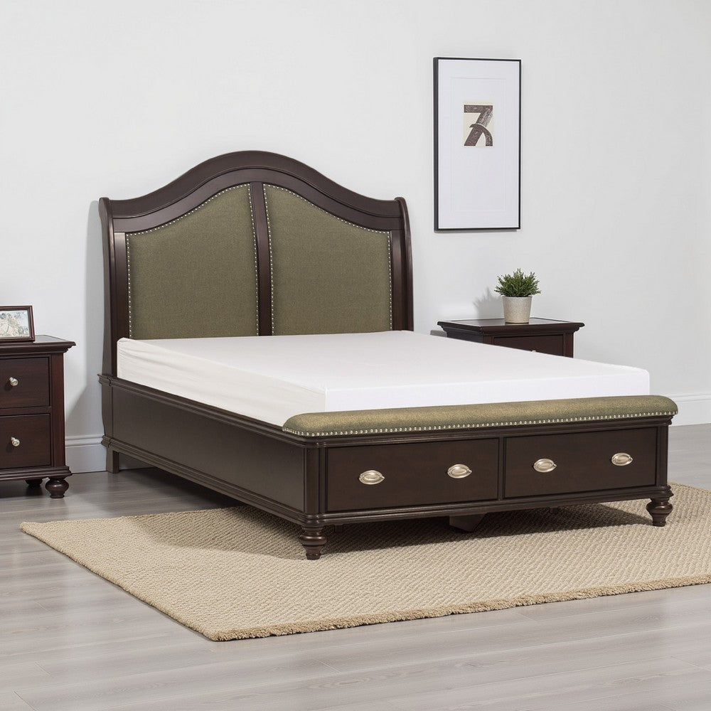 Stoe Queen Sleigh Bed, Padded Headboard, Storage Footboard, Brown Wood By Casagear Home