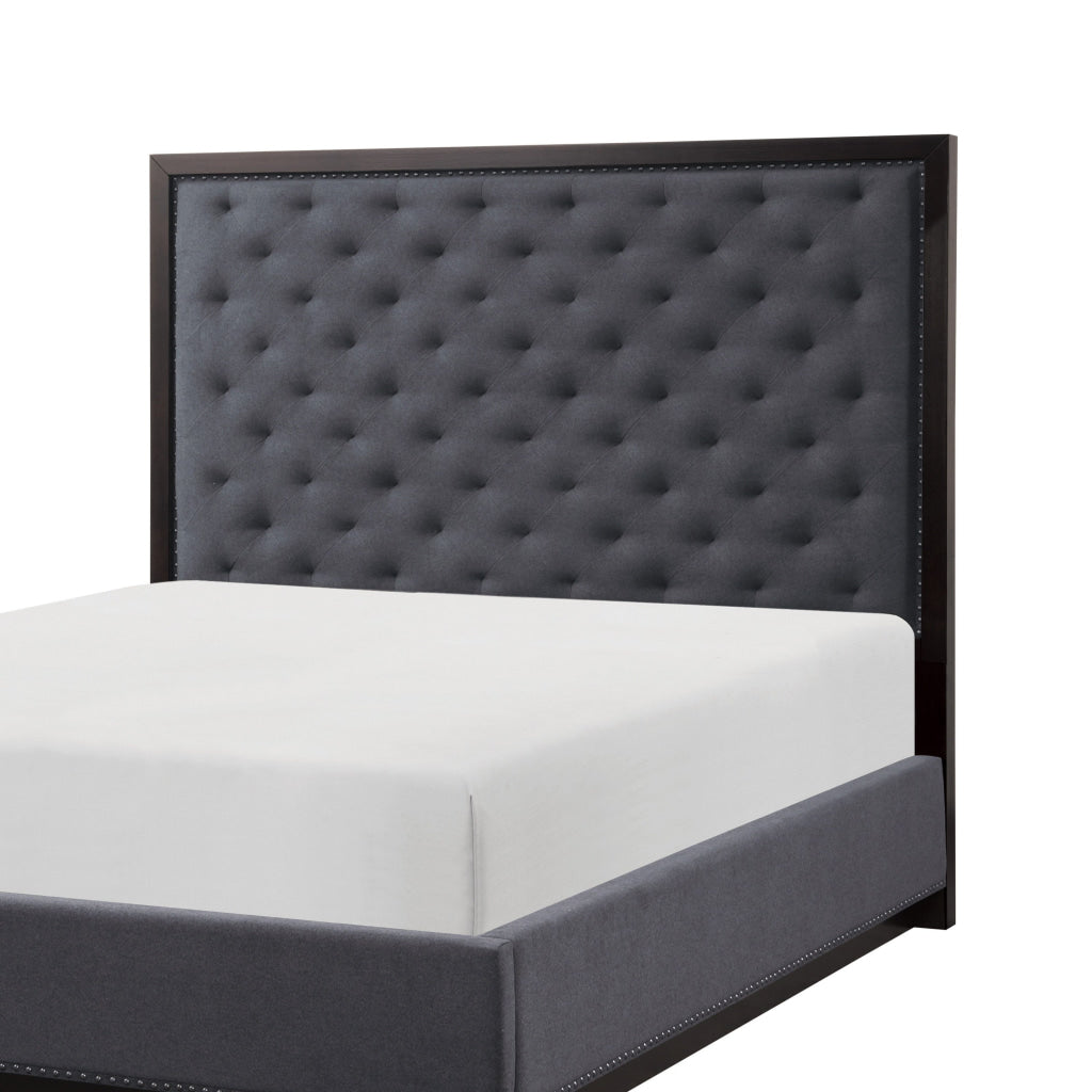 Tey Queen Size Bed with Button Tufted Headboard Gray Fabric Ash Veneer By Casagear Home BM314252