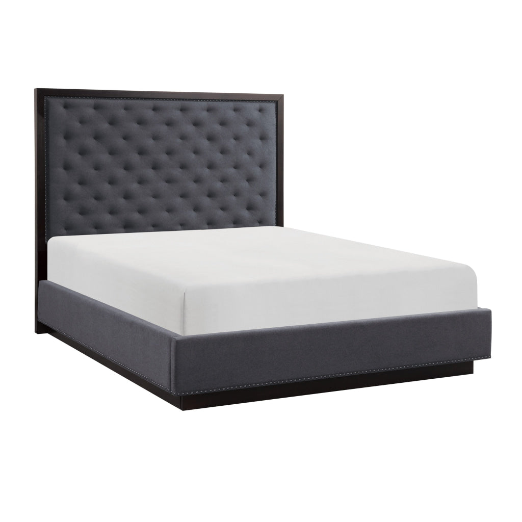 Tey Queen Size Bed with Button Tufted Headboard Gray Fabric Ash Veneer By Casagear Home BM314252