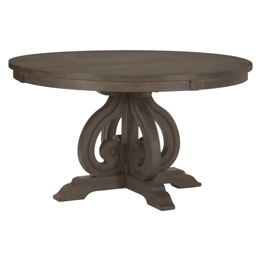 Luon 54 Inch Dining Table, 6 Seater Round Top, Scrolled Metal Base, Brown By Casagear Home