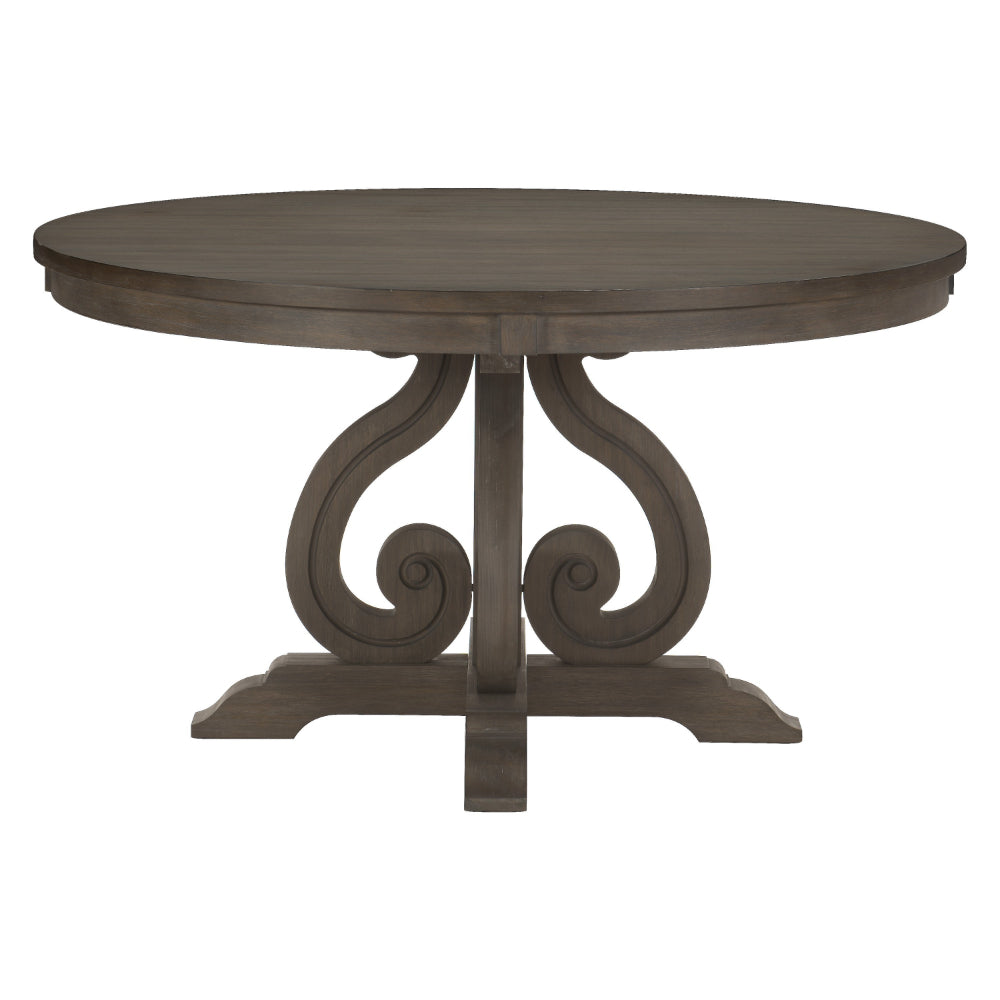 Luon 54 Inch Dining Table, 6 Seater Round Top, Scrolled Metal Base, Brown By Casagear Home