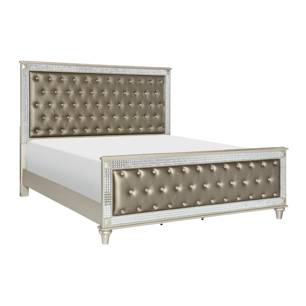 Juhi Queen Size Bed Button Tufted Gray Faux Leather Crystals Trim Wood By Casagear Home BM314258