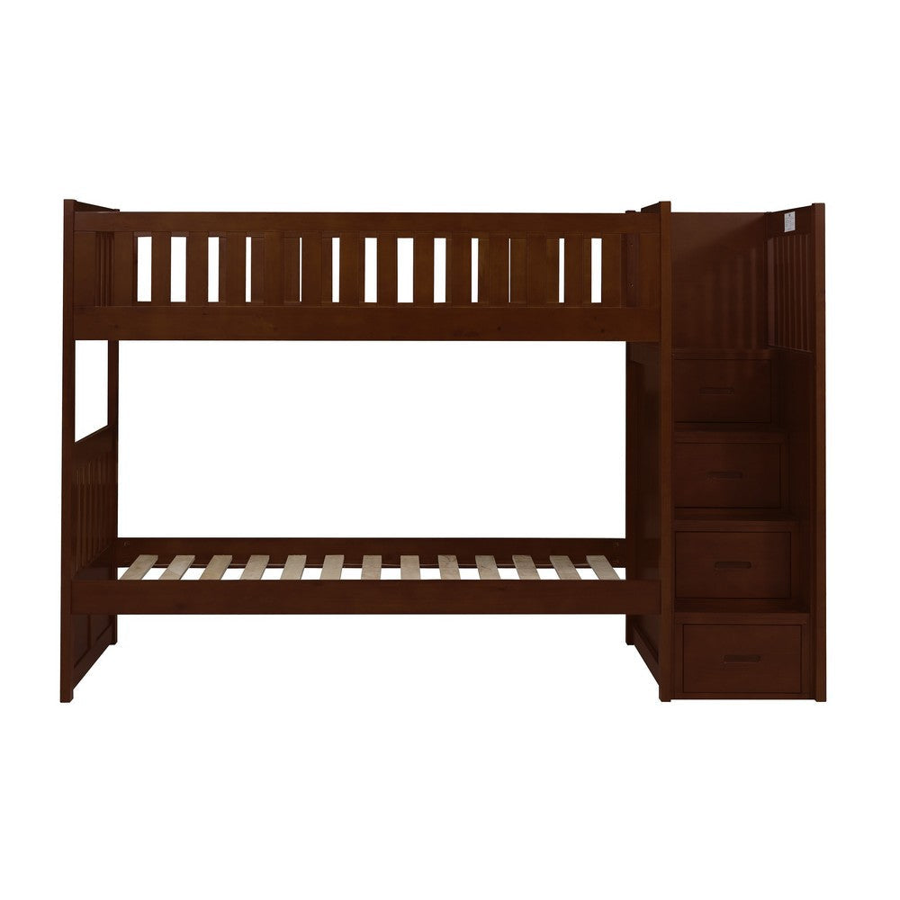 Catherine Twin over Twin Bunk Bed Storage Step Solid Wood Dark Brown By Casagear Home