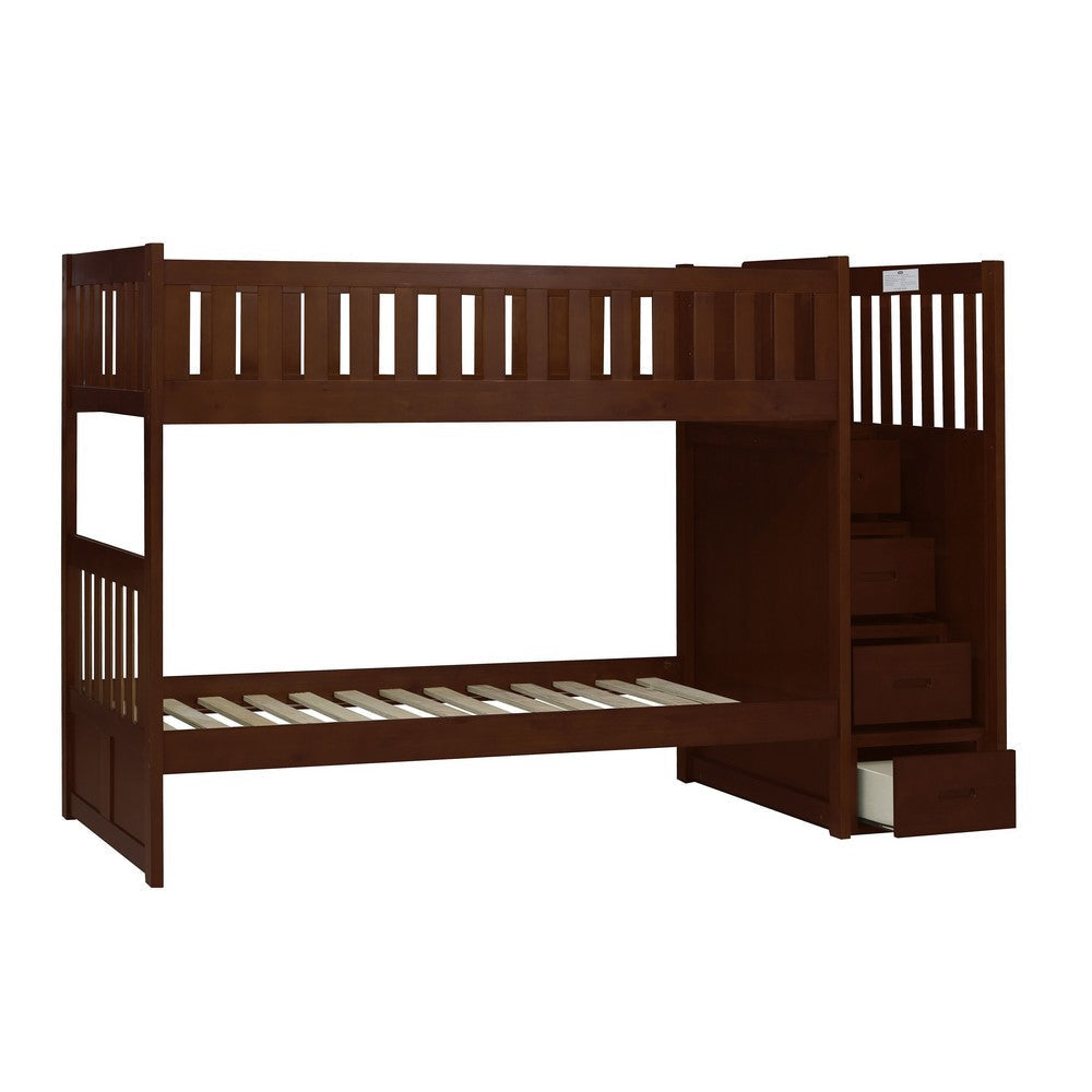 Catherine Twin over Twin Bunk Bed Storage Step Solid Wood Dark Brown By Casagear Home