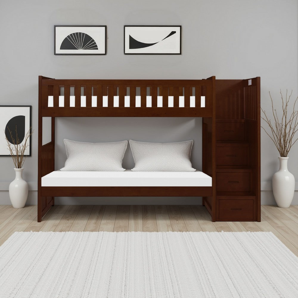 Catherine Twin over Twin Bunk Bed, Storage Step, Solid Wood, Dark Brown By Casagear Home